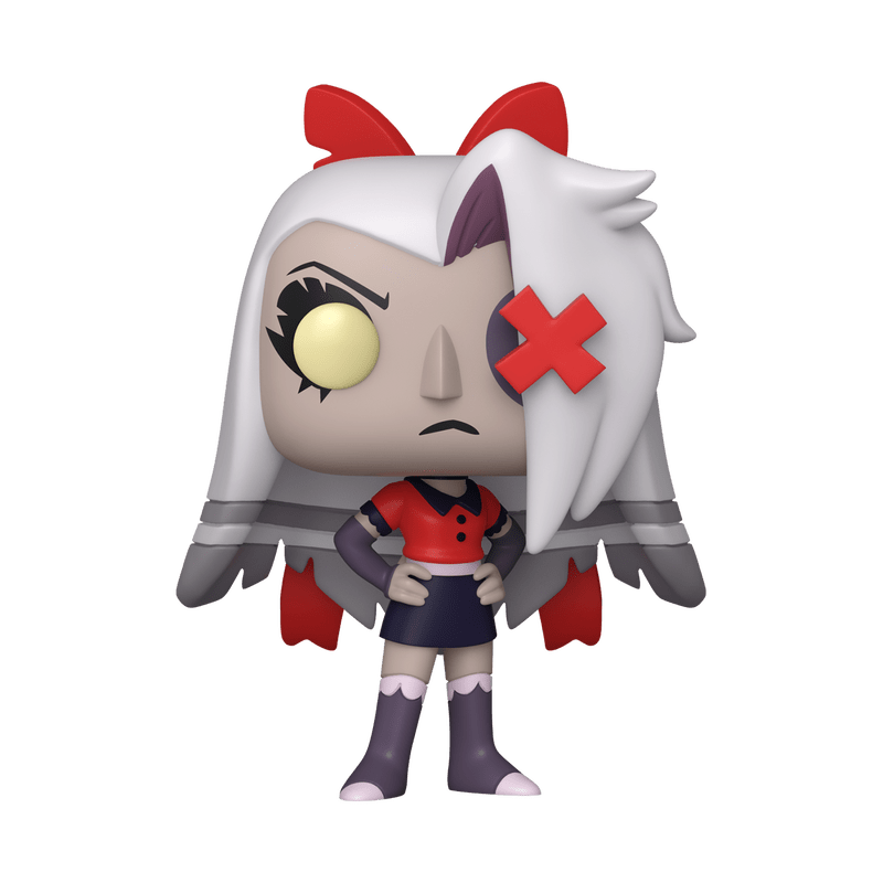 Animated character figurine with red bows and a sad expression on a white background