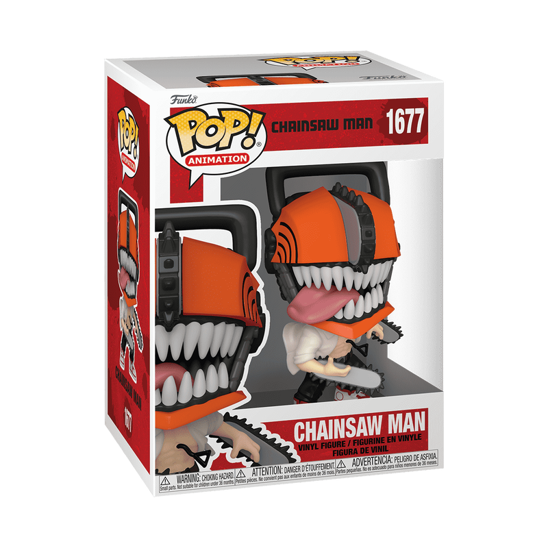 Funko Pop! vinyl figure packaging for Chainsaw Man with orange helmet and chainsaw, on a white background.