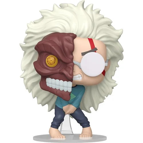Two-faced character figurine with one side showing a red face and the other a blue face on a white background.