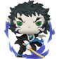 Animated character with black hair and green eyes holding a sword on a white background