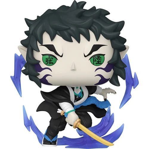 Animated character with black hair and green eyes holding a sword on a white background