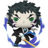 Animated character with black hair and green eyes holding a sword on a white background