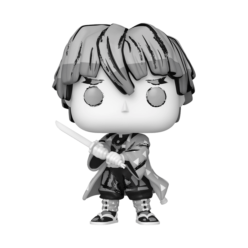 Black and white figurine with a sword on a white background