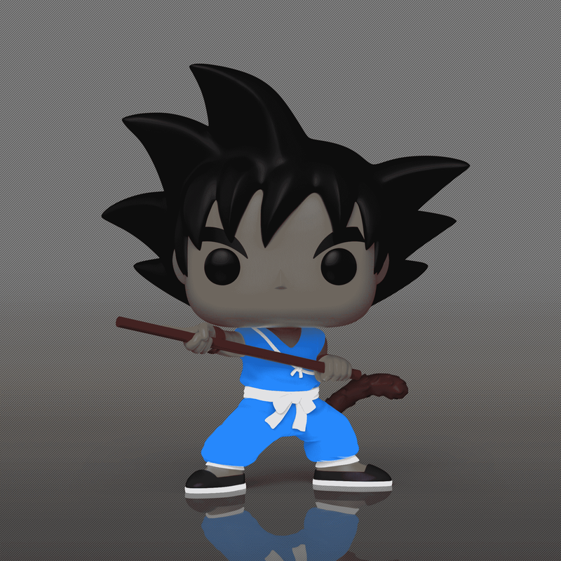 Character figurine in blue outfit with a staff on a gray background