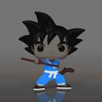 Character figurine in blue outfit with a staff on a gray background