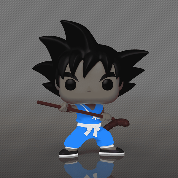 Character figurine in blue outfit with a staff on a gray background
