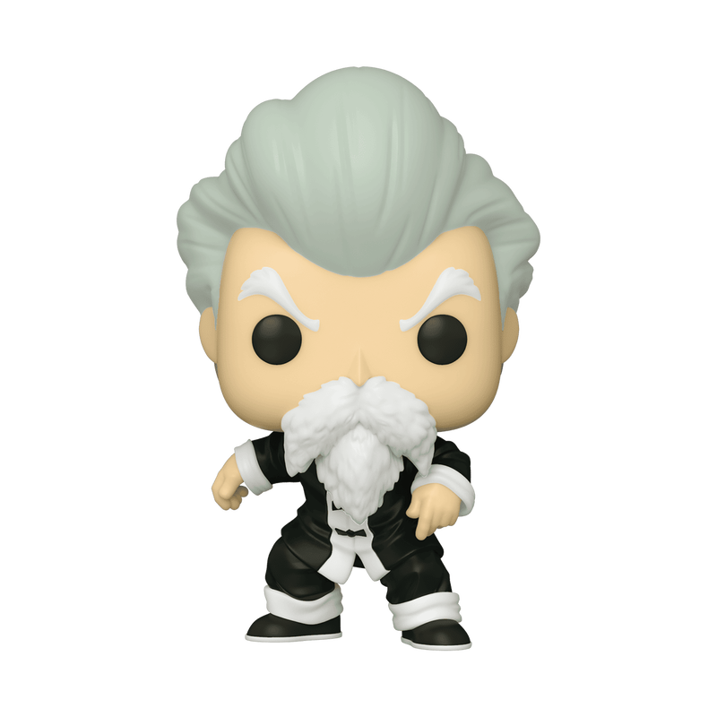 Funko Pop! vinyl figure of an elderly martial arts master with white hair, a white beard, and a black-and-white outfit, shown on a plain white background.