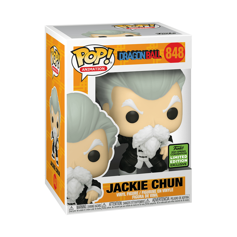 Funko Pop! Animation Dragon Ball figure of Jackie Chun, number 848, in its original window box packaging. The figure has light gray hair, white skin, and is wearing a black and white outfit.