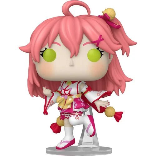 Anime character figurine with pink hair and green eyes on a white background