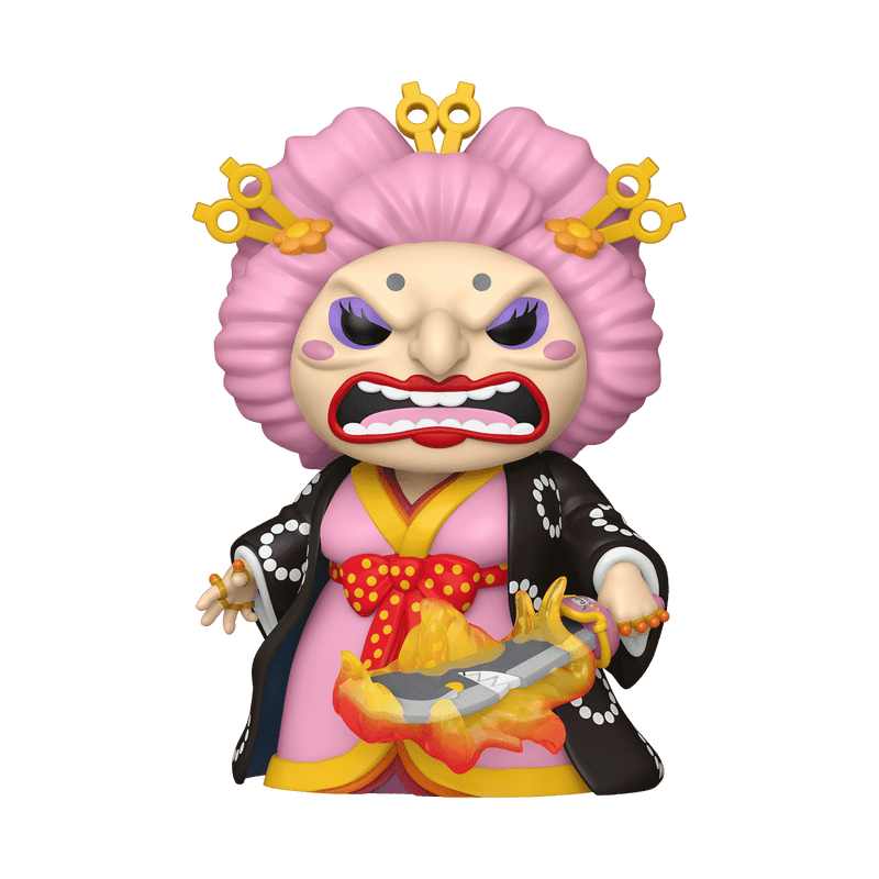 Funko POP! One Piece Big Mom vinyl figure wearing a vibrant kimono, holding her sword Napoleon, standing with a fierce grin
