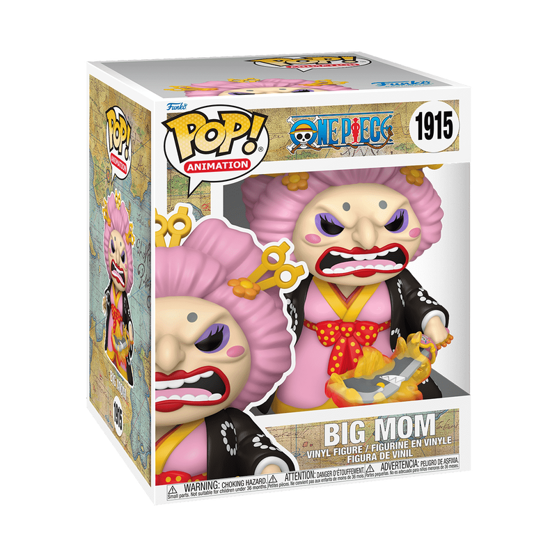 Close-up of Big Mom Funko POP! figure from One Piece in detailed kimono attire, featuring bright colors and intricate patterns