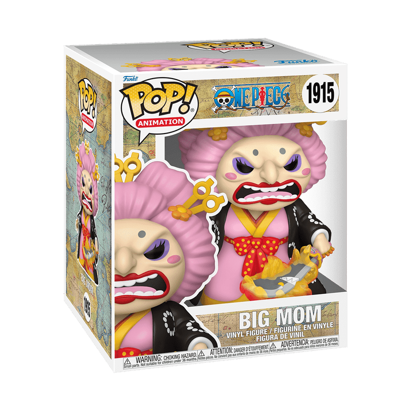 Close-up of Big Mom Funko POP! figure from One Piece in detailed kimono attire, featuring bright colors and intricate patterns