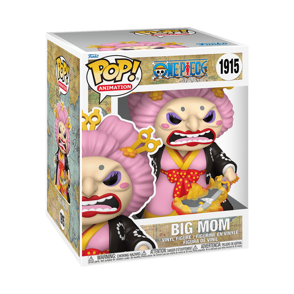 Close-up of Big Mom Funko POP! figure from One Piece in detailed kimono attire, featuring bright colors and intricate patterns