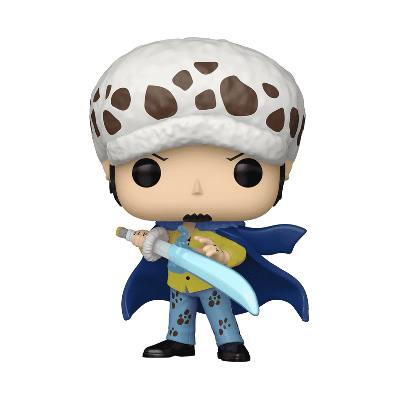 Funko Pop! vinyl figure with a character wearing a white helmet with brown spots, blue cape, and holding a sword 