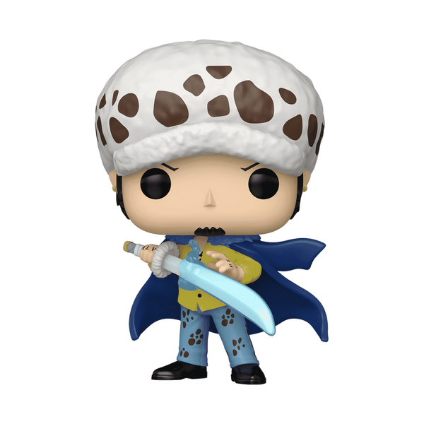 Funko Pop! vinyl figure with a character wearing a white helmet with brown spots, blue cape, and holding a sword 