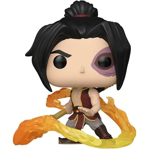 Funko Pop! vinyl figure of a stylized character with black hair in a bun, a purple eye patch, and a flowing orange and yellow flame-like effect around the lower body, shown on a plain white background.