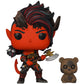 Funko Pop! vinyl figure of a red demon character with black and red hair, holding a double-headed axe, shown next to a small brown teddy bear figure with X eyes on a white background.