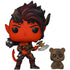 Funko Pop! vinyl figure of a red demon character with black and red hair, holding a double-headed axe, shown next to a small brown teddy bear figure with X eyes on a white background.