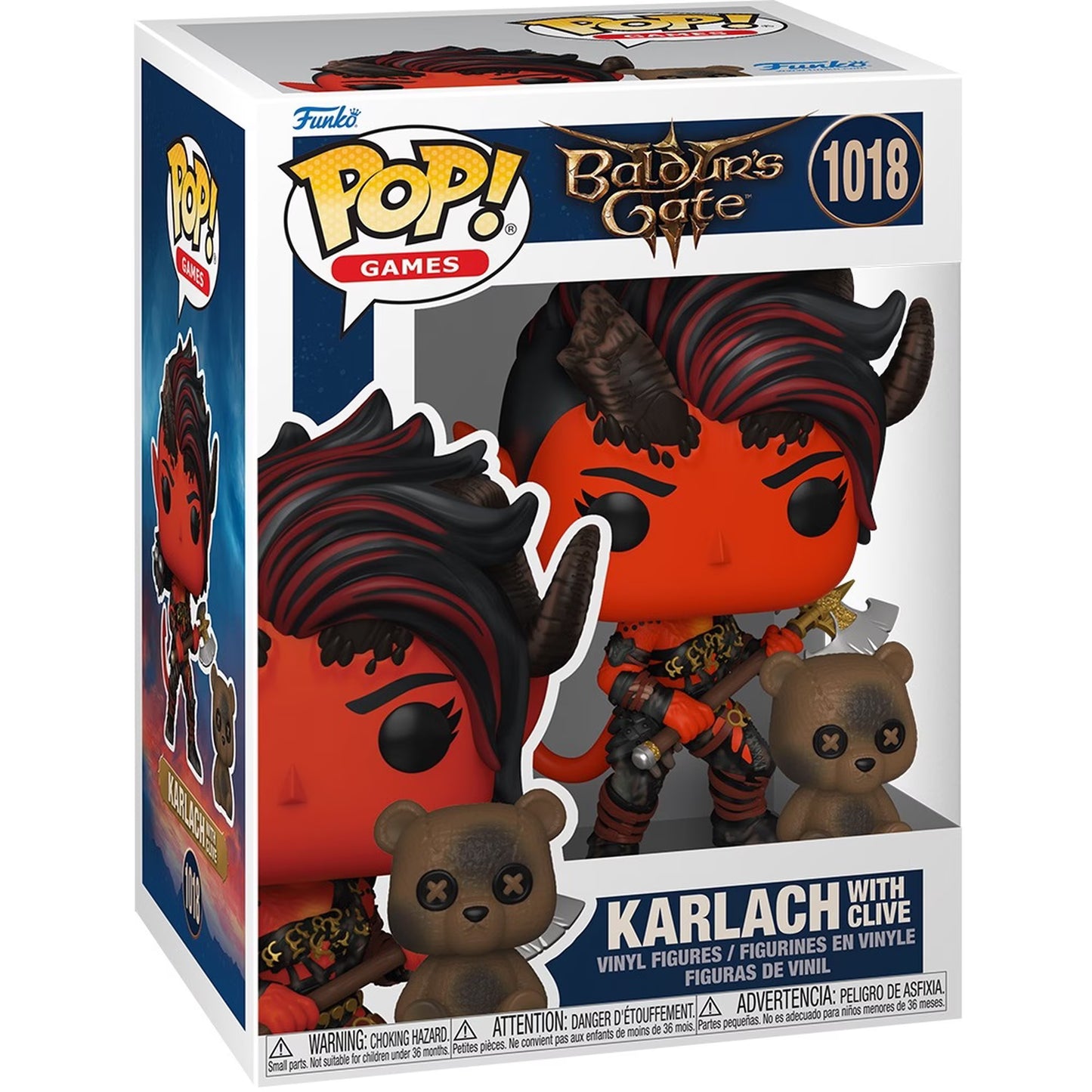 Funko Pop! Games vinyl figure of Karlach with Clue, number 1018 from Baldur's Gate, in its original retail packaging. The figure features a red skin, dark hair, and a brown teddy bear accessory.