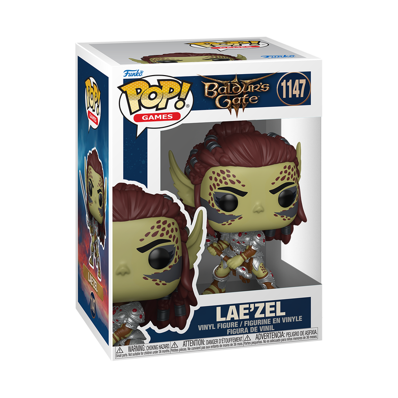 Funko POP! Baldur's Gate Lae'zel #1147 collectible vinyl figure displayed in the official window box with detailed character-inspired styling.