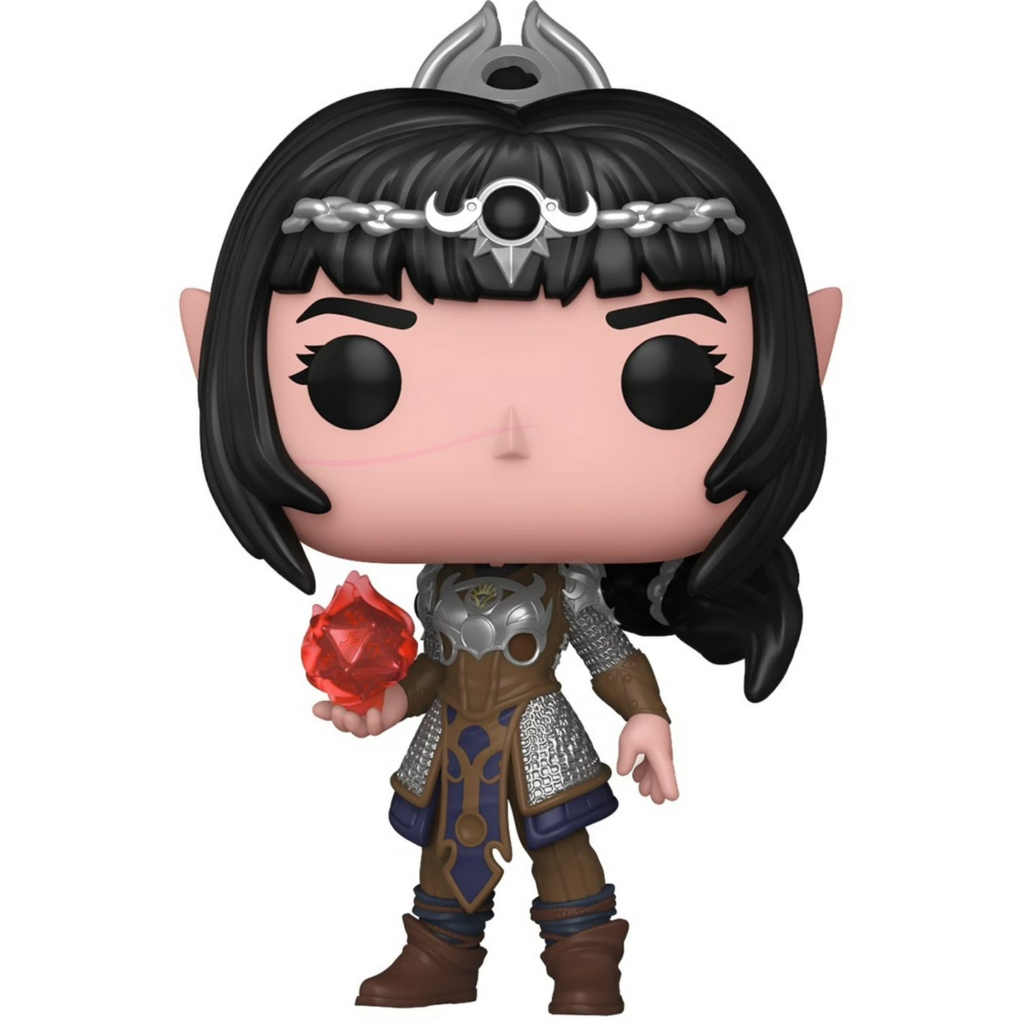 A Funko Pop! vinyl figure of a female fantasy elf character with long black hair, silver crescent moon headpiece, pointed ears, and fantasy armor, holding a red gem on a plain white background.