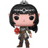 A Funko Pop! vinyl figure of a female fantasy elf character with long black hair, silver crescent moon headpiece, pointed ears, and fantasy armor, holding a red gem on a plain white background.