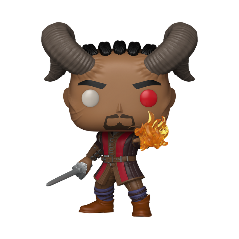 Funko Pop! vinyl figure with a character holding a sword and emitting fire, on a white background