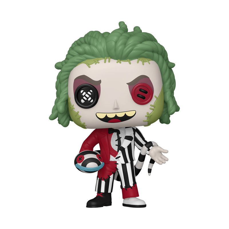 Funko Pop! vinyl figure of Beetlejuice from The Sandman, featuring his signature green hair, split red and black eye makeup, striped suit, and holding a miniature orb, on a solid white background.