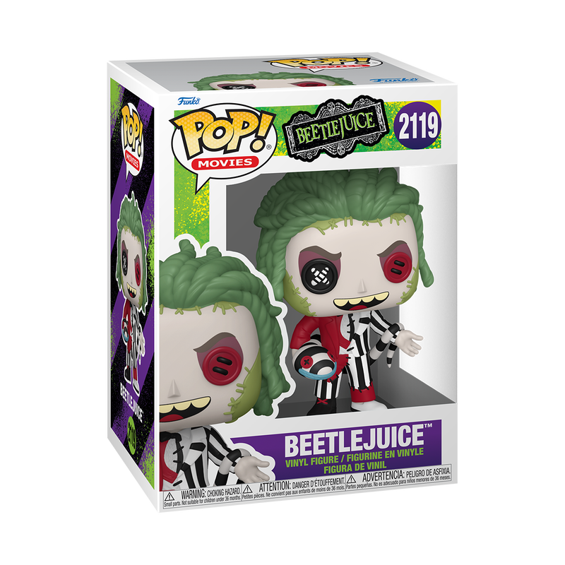 Funko Pop! Movies Beetlejuice vinyl figure in its original window box packaging, featuring the character with green hair, red eye makeup, and a black-and-white striped suit.