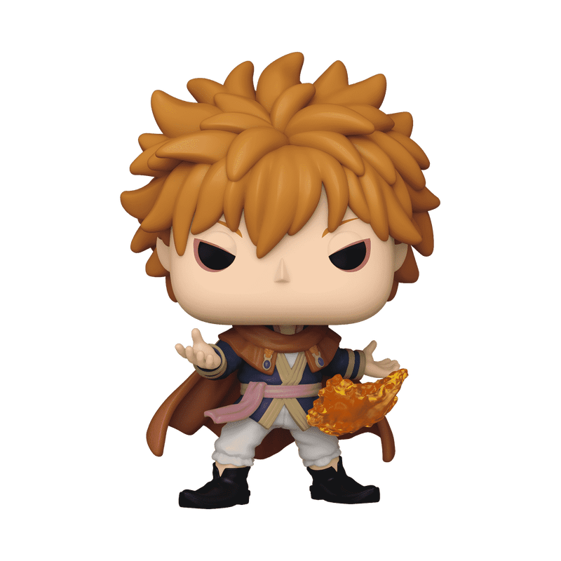 Funko Pop! vinyl figure of a young male anime character with spiky orange hair, wearing a brown cape, blue and gold tunic, white pants, and black boots, holding a glowing orange orb against a plain white background.