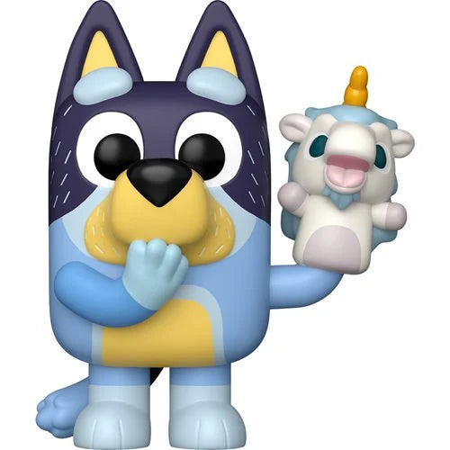 Blue and yellow cartoon character holding a small white creature with a yellow horn on a white background