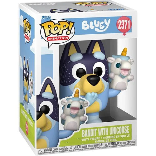 Funko Pop! vinyl figure packaging featuring Bluey and Bandit with Unicorse.