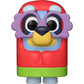 Colorful cartoon-like character with a red body, purple face, yellow nose, and green feet on a white background.
