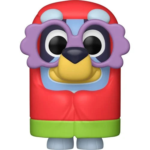 Colorful cartoon-like character with a red body, purple face, yellow nose, and green feet on a white background.