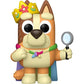 Cartoon dog character with a crown, wand, and magnifying glass on a white background