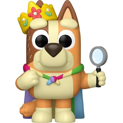 Cartoon dog character with a crown, wand, and magnifying glass on a white background