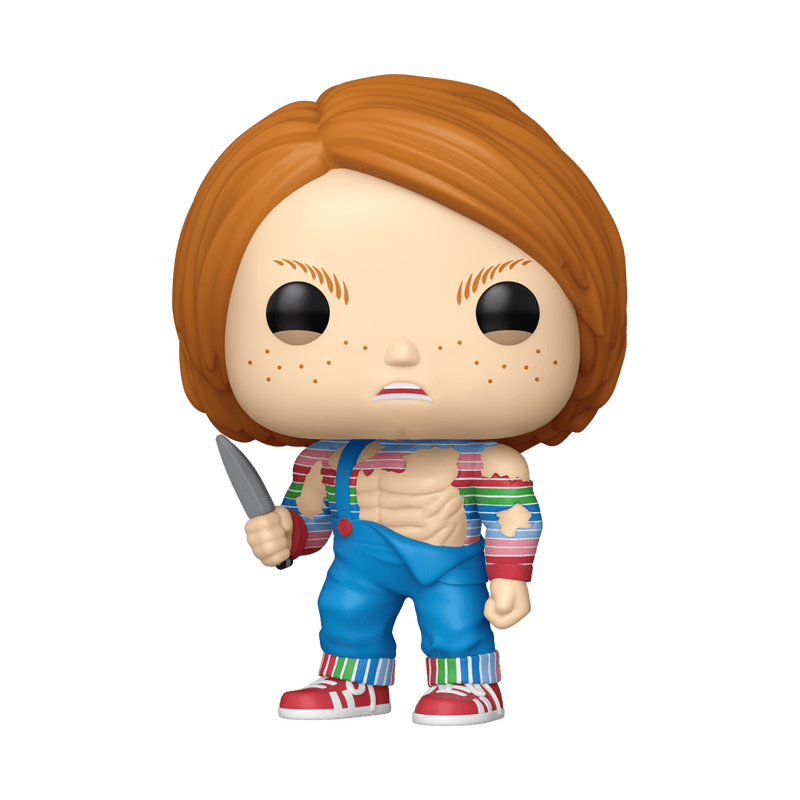 Funko Pop! vinyl figure of a character with red hair, striped shirt, and blue overalls holding a knife on a white background.
