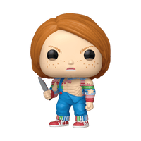 Funko Pop! vinyl figure of a character with red hair, striped shirt, and blue overalls holding a knife on a white background.