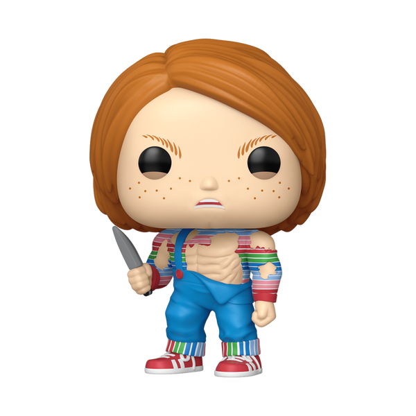 Funko Pop! vinyl figure of a character with red hair, striped shirt, and blue overalls holding a knife on a white background.