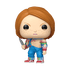 Funko Pop! vinyl figure of a character with red hair, striped shirt, and blue overalls holding a knife on a white background.