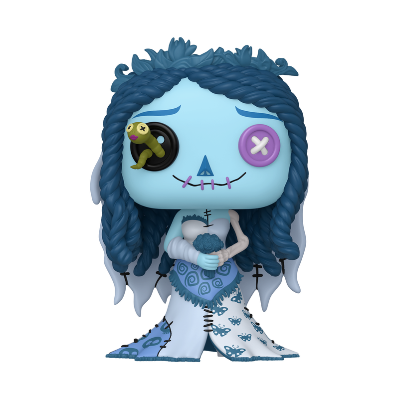 Funko Pop! vinyl figure of the character Death from The Nightmare Before Christmas, featuring light blue skin, dark blue hair, a white dress with blue patterns, and a small green worm on one eye.