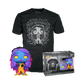 Funko Pop! Movies The Corpse Bride 
collection featuring a black graphic t-shirt, a purple-haired vinyl figure, and its retail box on a white background.