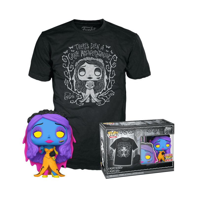 Funko Pop! Movies The Corpse Bride 
collection featuring a black graphic t-shirt, a purple-haired vinyl figure, and its retail box on a white background.