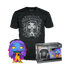 Funko Pop! Movies The Corpse Bride 
collection featuring a black graphic t-shirt, a purple-haired vinyl figure, and its retail box on a white background.