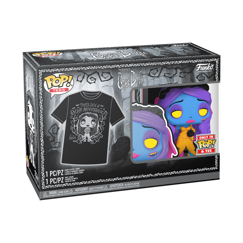 Funko Pop! Movies Corpse Bride gift set in its original window box packaging, featuring a black graphic t-shirt and a purple/blue vinyl figure of Emily.