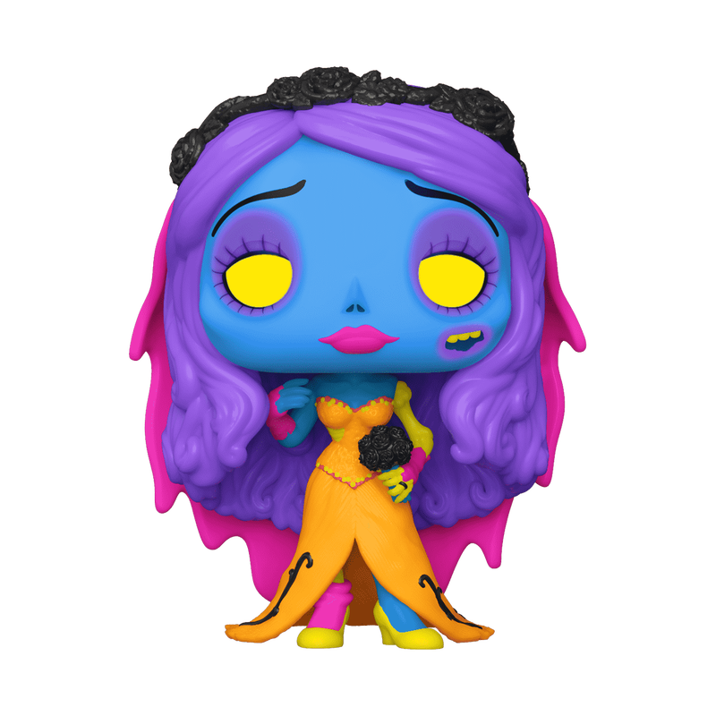 Funko Pop! vinyl figure of the character Bride of Cthulhu, featuring blue skin, purple and pink hair, a black crown, and an orange dress, on a solid white background.