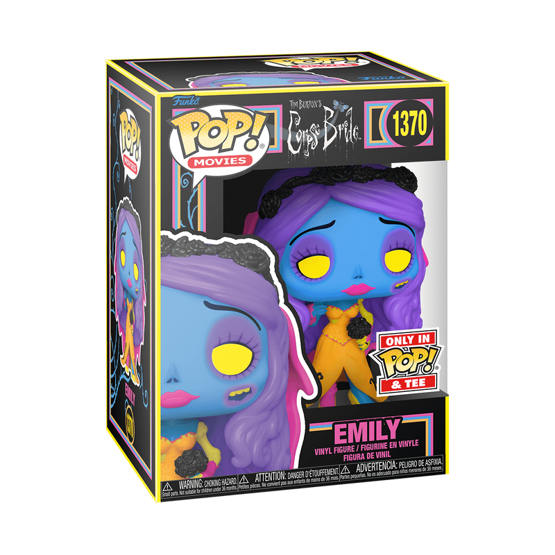 Funko Pop! Movies Corpse Bride Emily vinyl figure number 1370, shown in its original packaging. The figure features blue skin, purple hair, and yellow eyes, wearing a yellow dress.