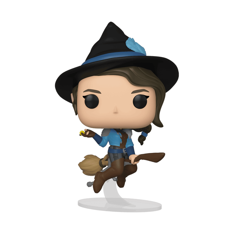 Funko Pop! vinyl figure of a witch on a broomstick with a blue hat on a white background