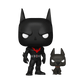 Black superhero figure with red emblem and smaller matching figure on a white background