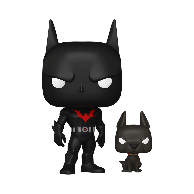 Black superhero figure with red emblem and smaller matching figure on a white background